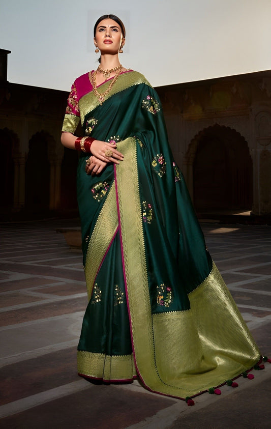 EKKTARA Saree For Women Dark Green Colour Designer Paithani Saree With Unstitched Designer Blouse