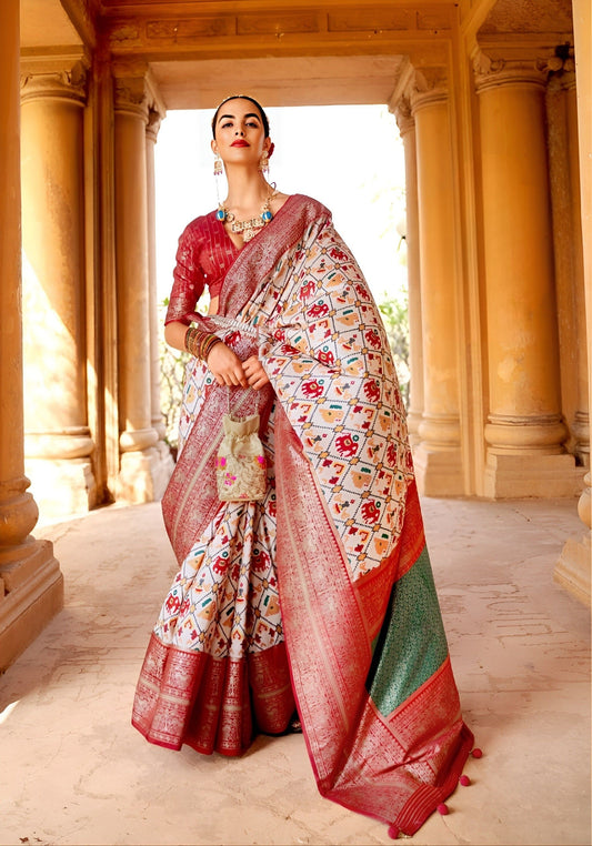 EKKTARA Saree For Women White & Red Colour Pure Silk Designer Patola Saree With Unstitched Blouse