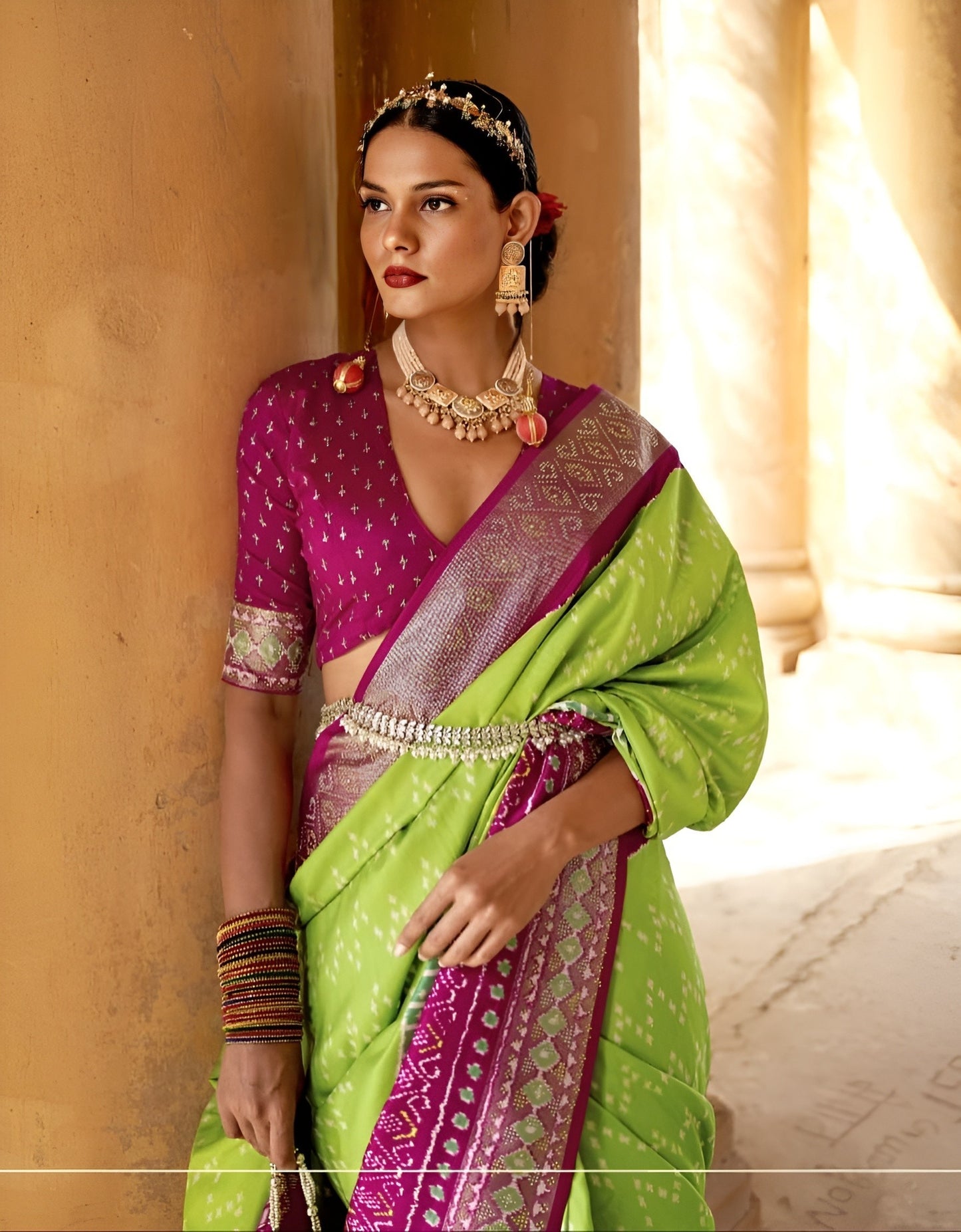 EKKTARA Saree For Women Pink & Green Colour Pure Silk Designer Patola Saree With Unstitched Blouse