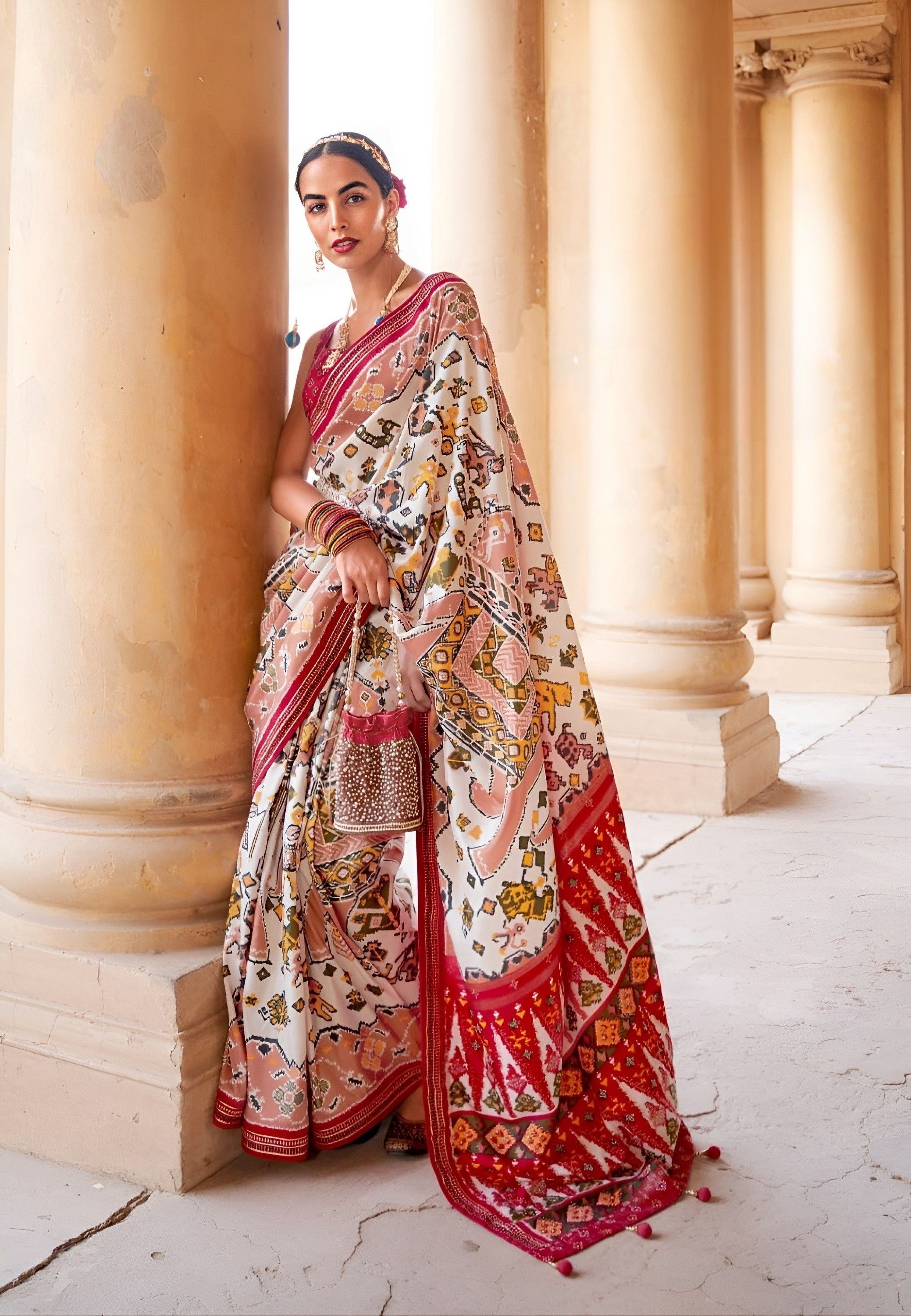 Buy Ivory White Patola Saree With Resham Weave In Uppada Silk