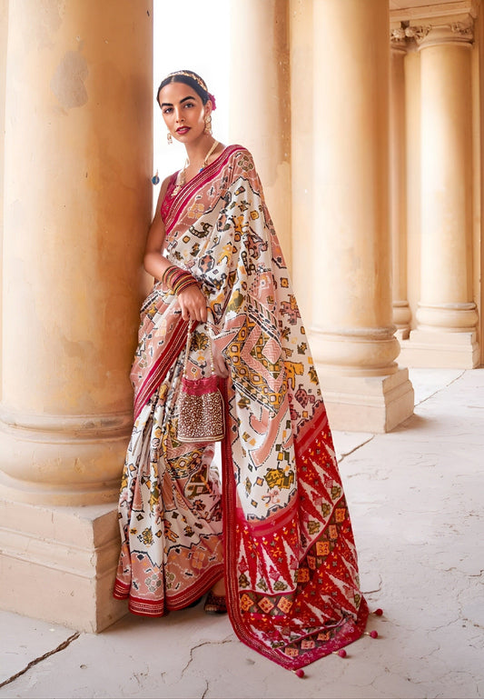 EKKTARA Saree For Women White & Red Colour Pure Silk Designer Patola Saree With Unstitched Blouse