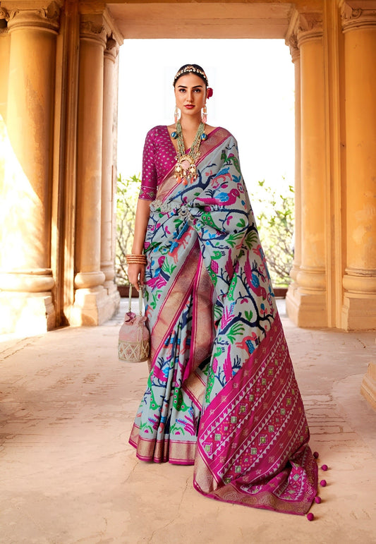 EKKTARA Saree For Women Grey & Pink Colour Pure Silk Designer Patola Saree With Unstitched Blouse