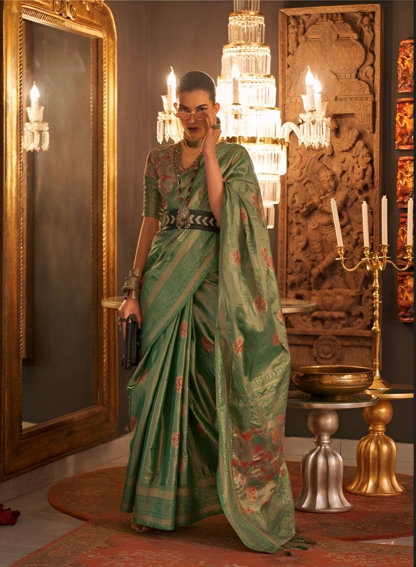 EKKTARA Saree For Women Green Colour Silk Zari Weaving Saree With Unstitched Blouse