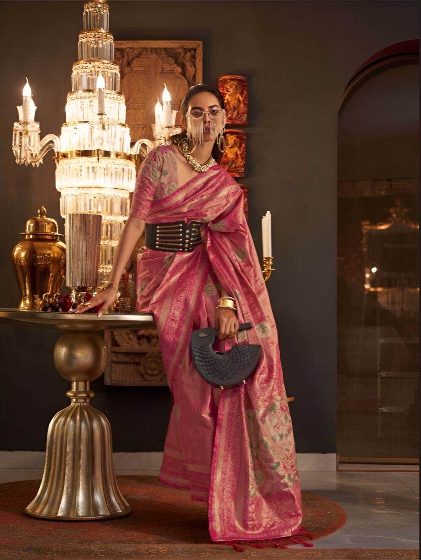 EKKTARA Saree For Women Pink Colour Silk Zari Weaving Saree With Unstitched Blouse