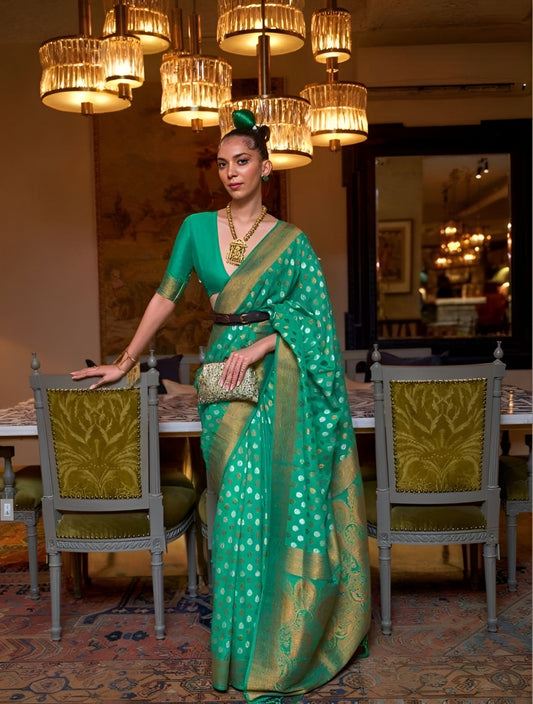 EKKTARA Saree For Women Light Green Colour Khadi Copper Zari Weaving Silk Saree With Unstitched Blouse