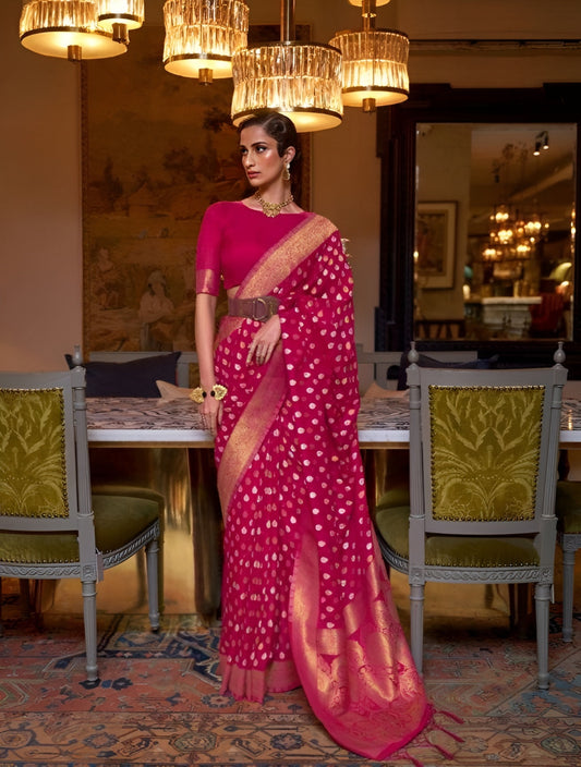 EKKTARA Saree For Women Pink Colour Khadi Copper Zari Weaving Silk Saree With Unstitched Blouse