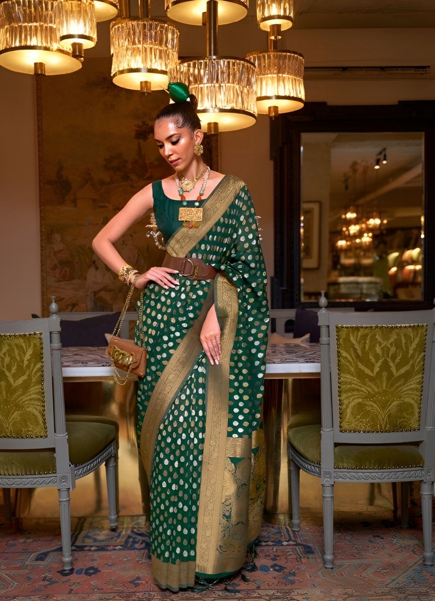 EKKTARA Saree For Women Green Colour Khadi Copper Zari Weaving Silk Saree With Unstitched Blouse