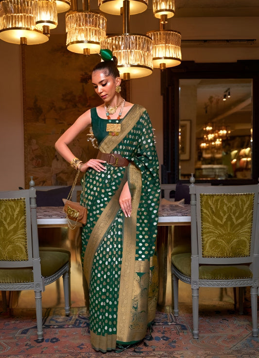 EKKTARA Saree For Women Green Colour Khadi Copper Zari Weaving Silk Saree With Unstitched Blouse