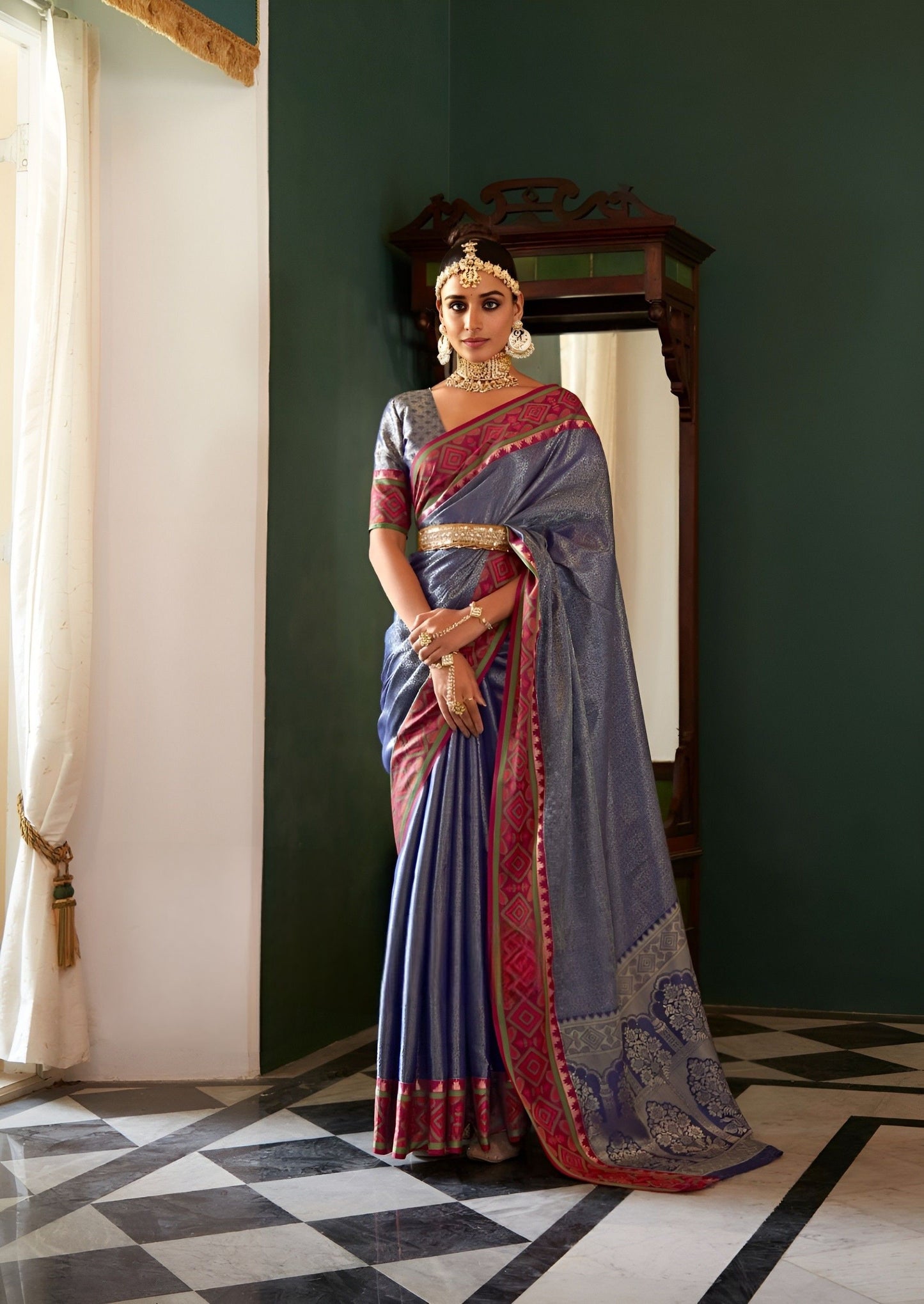 EKKTARA Saree For Women Navy Blue Colour Kanchivaram Silk Saree With Unstitched Blouse