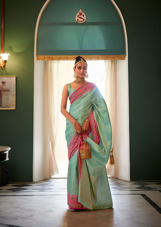 EKKTARA Saree For Women Turquoise Colour Kanchivaram Silk Saree With Unstitched Blouse