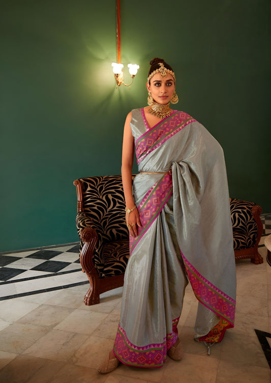 EKKTARA Saree For Women Grey Colour Kanchivaram Silk Saree With Unstitched Blouse