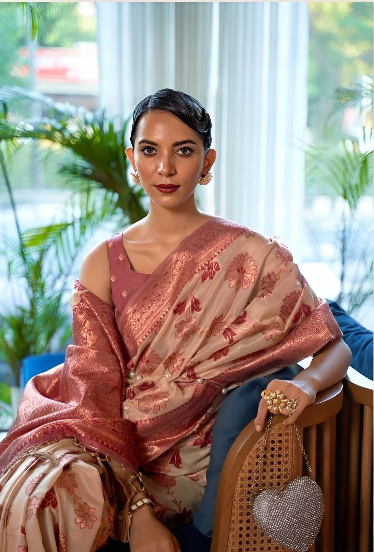 EKKTARA Saree For Women Sand Colour Shimmer Organza Zari Weaving Saree With Unstitched Blouse
