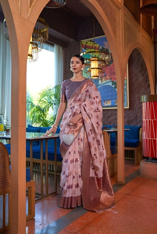 EKKTARA Saree For Women Rose Pink Colour Shimmer Organza Zari Weaving Saree With Unstitched Blouse