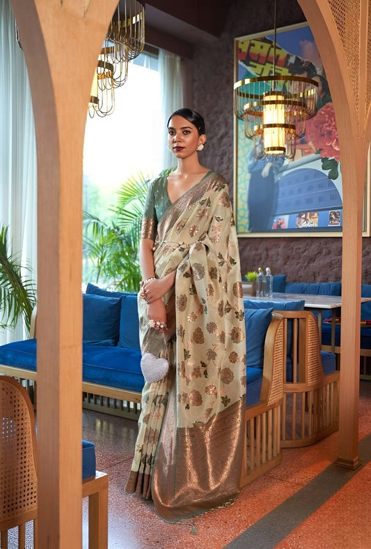 EKKTARA Saree For Women Golden Colour Shimmer Organza Zari Weaving Saree With Unstitched Blouse