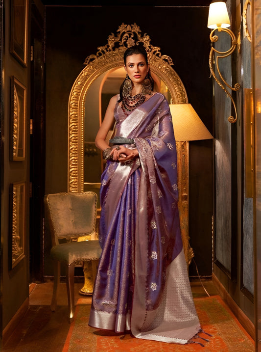 EKKTARA Saree For Women Purple Colour Two Organza Handloom Weaving Saree With Unstitched Blouse