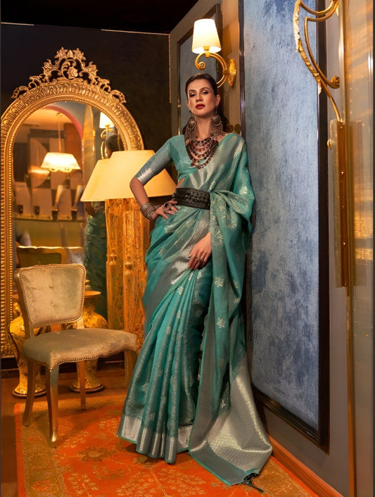 EKKTARA Saree For Women Turquoise Colour Two Organza Handloom Weaving Saree With Unstitched Blouse
