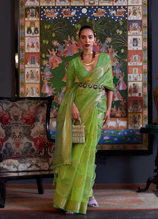 EKKTARA Saree For Women Lime Colour Dual Tone Organza Handloom Weaving Saree With Unstitched Blouse