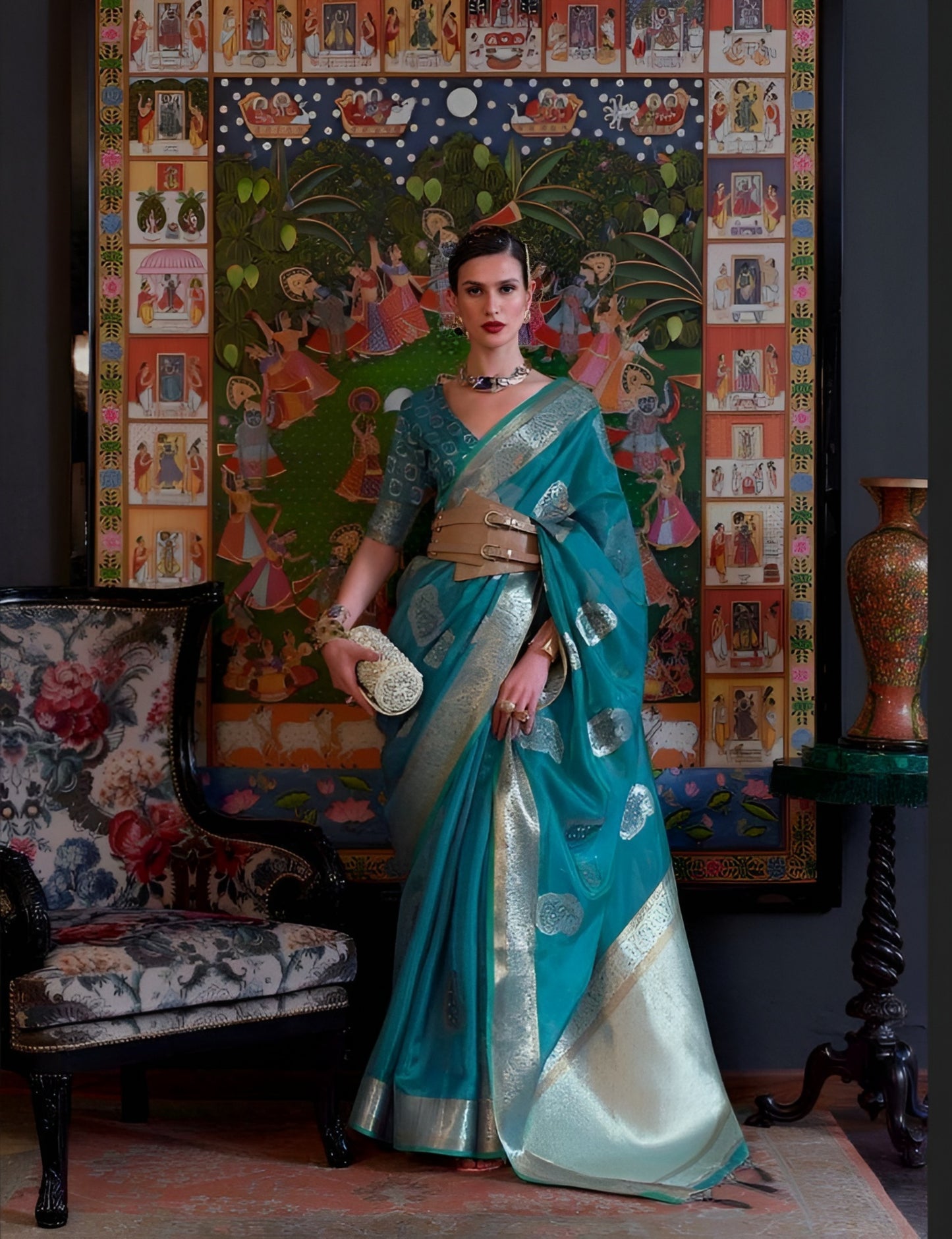 EKKTARA Saree For Women Turquoise Colour Dual Tone Organza Handloom Weaving Saree With Unstitched Blouse