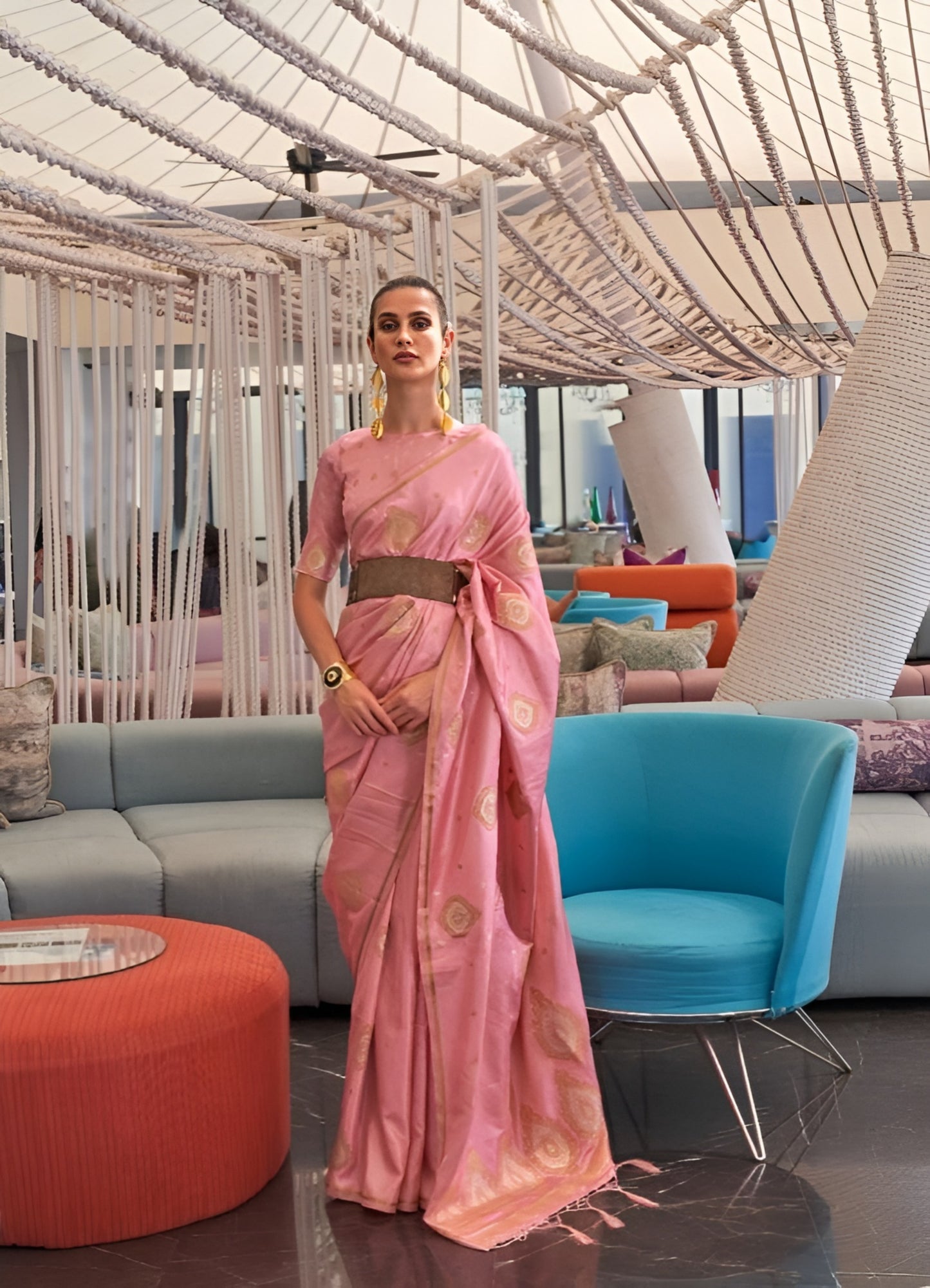 EKKTARA Saree For Women Pink Colour Pure Satin Copper Zari Weaving Silk Saree With Unstitched Blouse