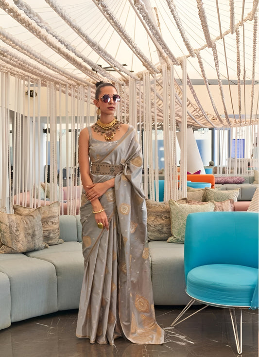 EKKTARA Saree For Women Grey Colour Pure Satin Copper Zari Weaving Silk Saree With Unstitched Blouse
