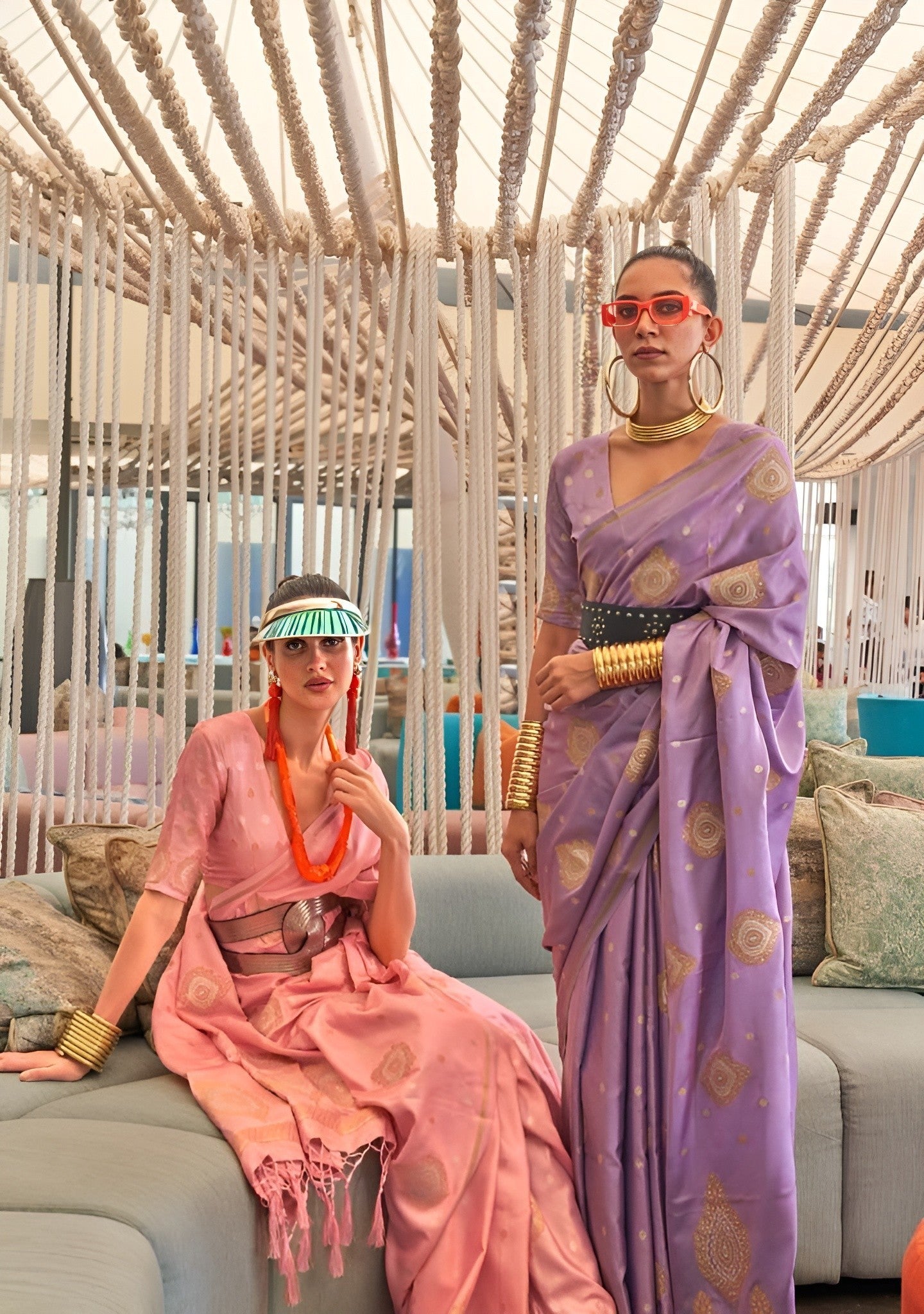 EKKTARA Saree For Women Peach Colour Pure Satin Copper Zari Weaving Silk Saree With Unstitched Blouse
