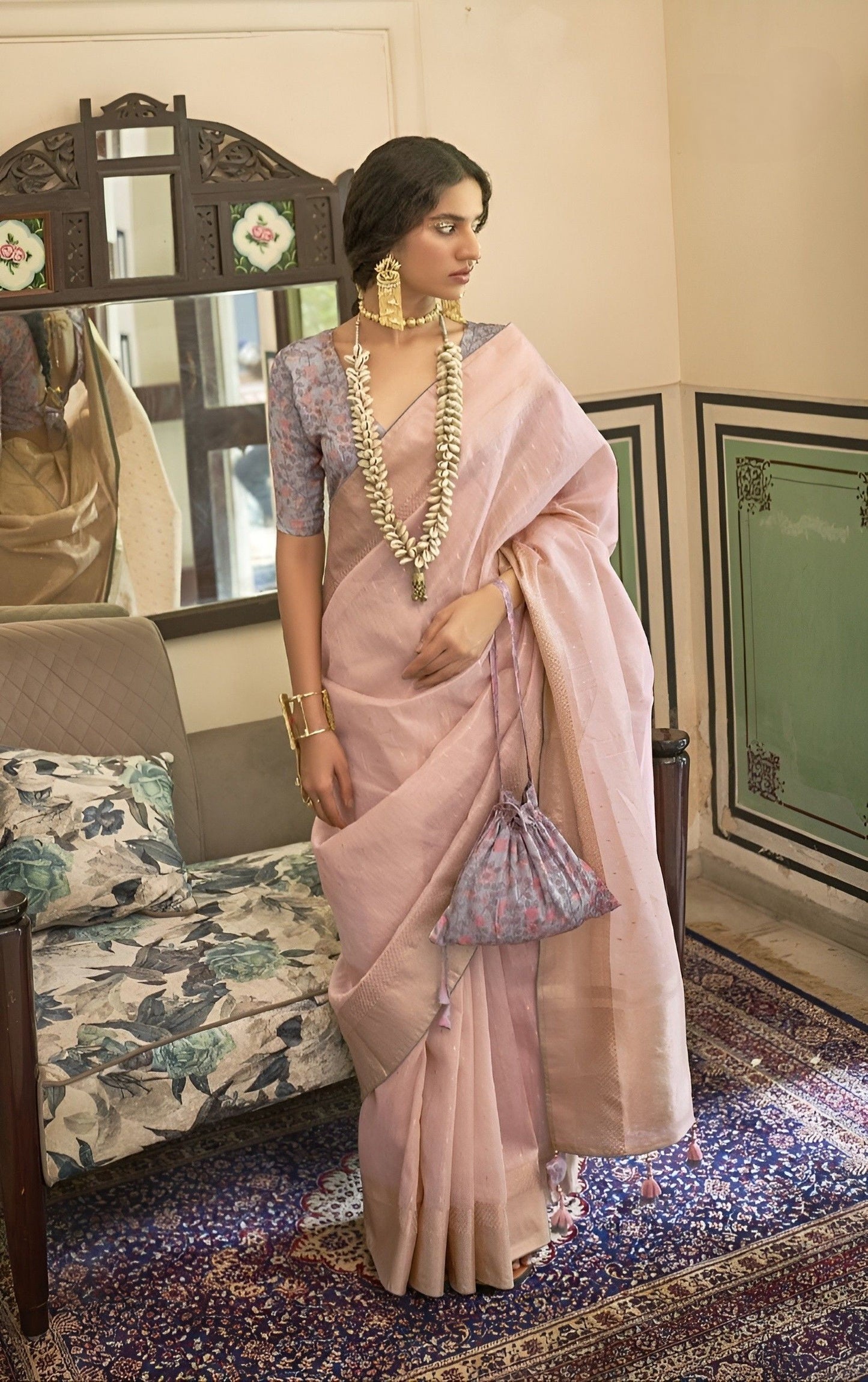 EKKTARA Saree For Women Light Pink Colour Tissue Silk Saree With Kalamkari Unstitched Blouse