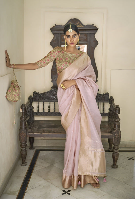 EKKTARA Saree For Women Lavender Colour Tissue Silk Saree With Kalamkari Unstitched Blouse