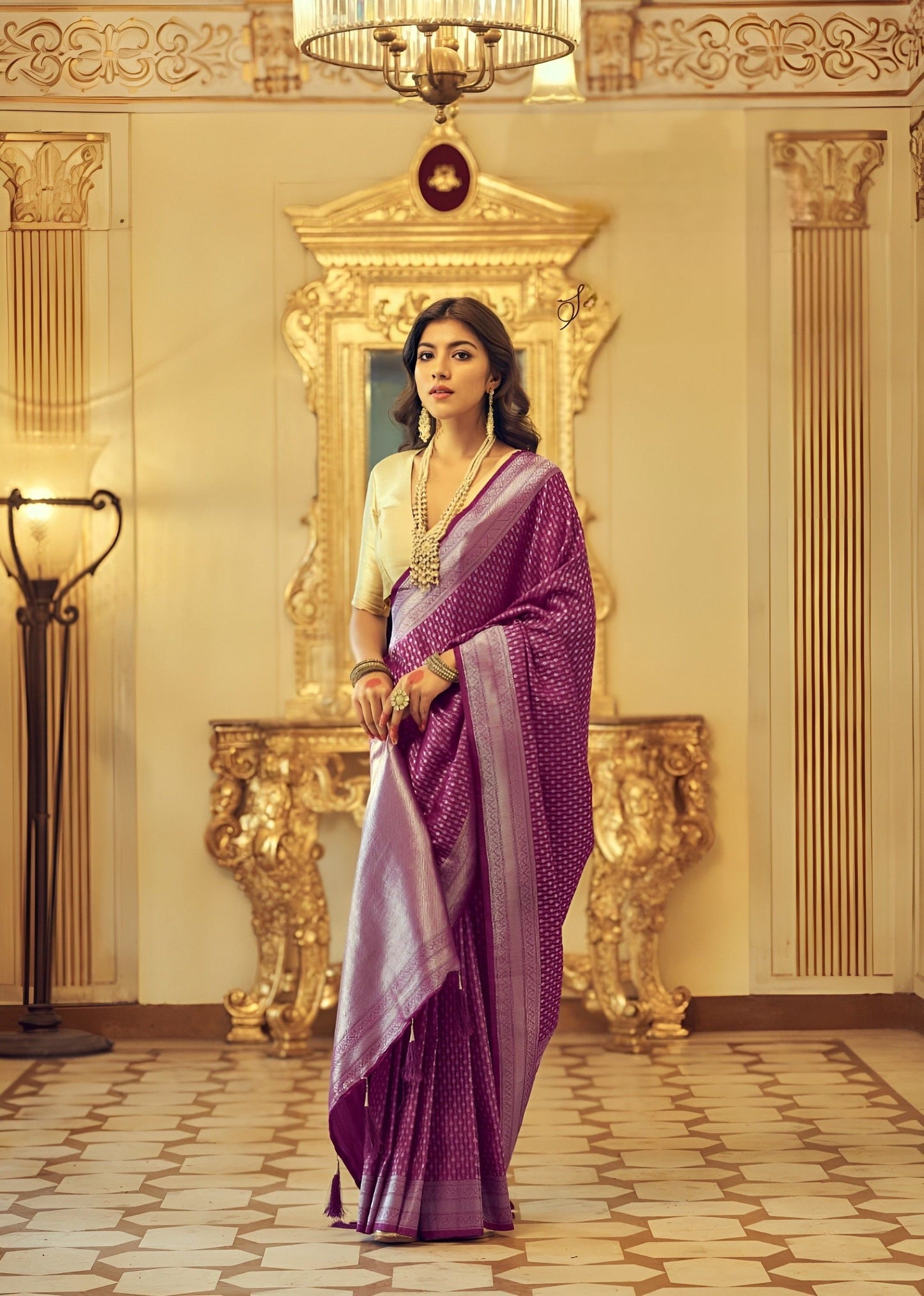 EKKTARA Saree For Women Purple Colour Kanjivaram Zari Silk Saree With Unstitched Blouse
