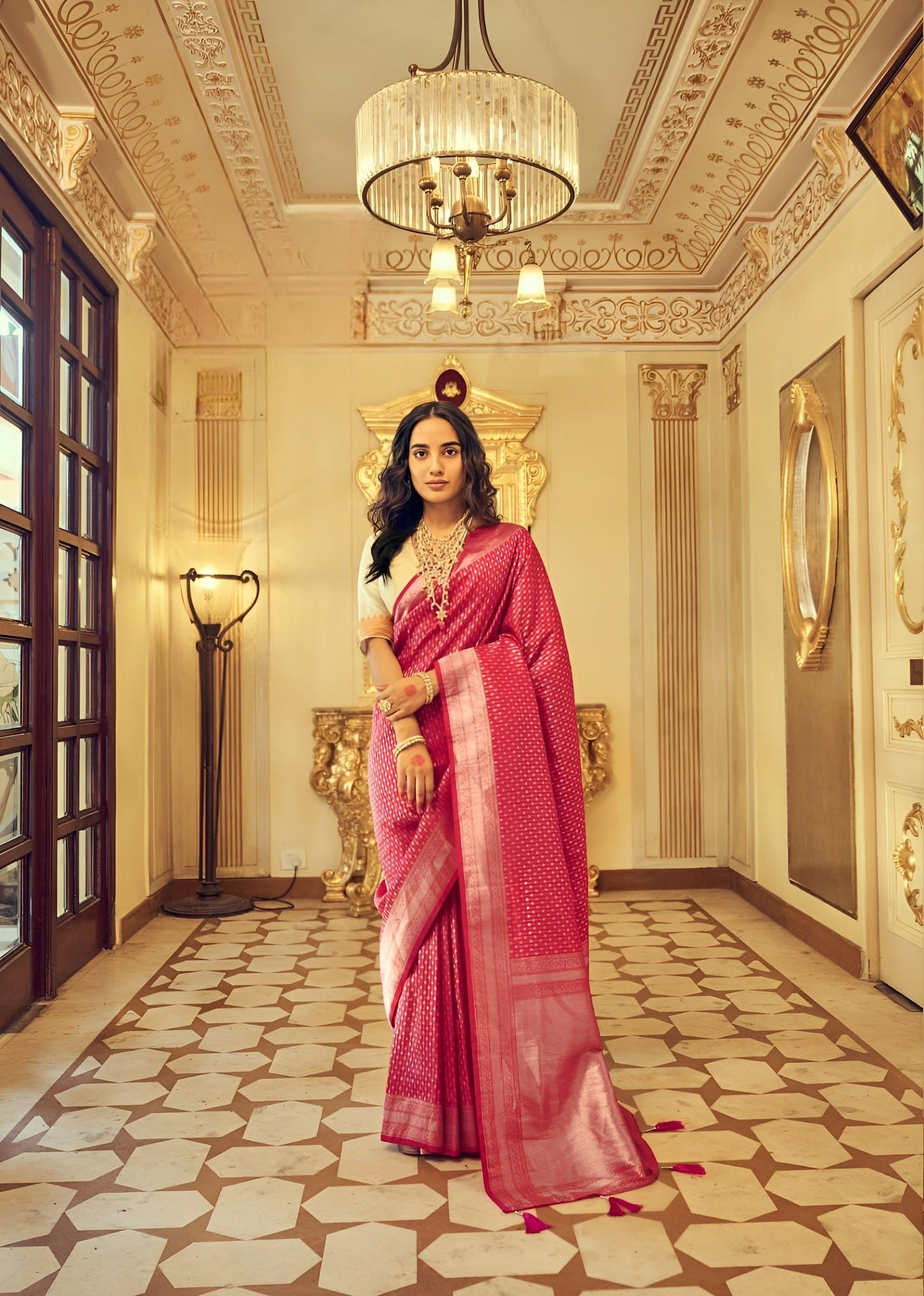 EKKTARA Saree For Women Pink Colour Kanjivaram Zari Silk Saree With Unstitched Blouse