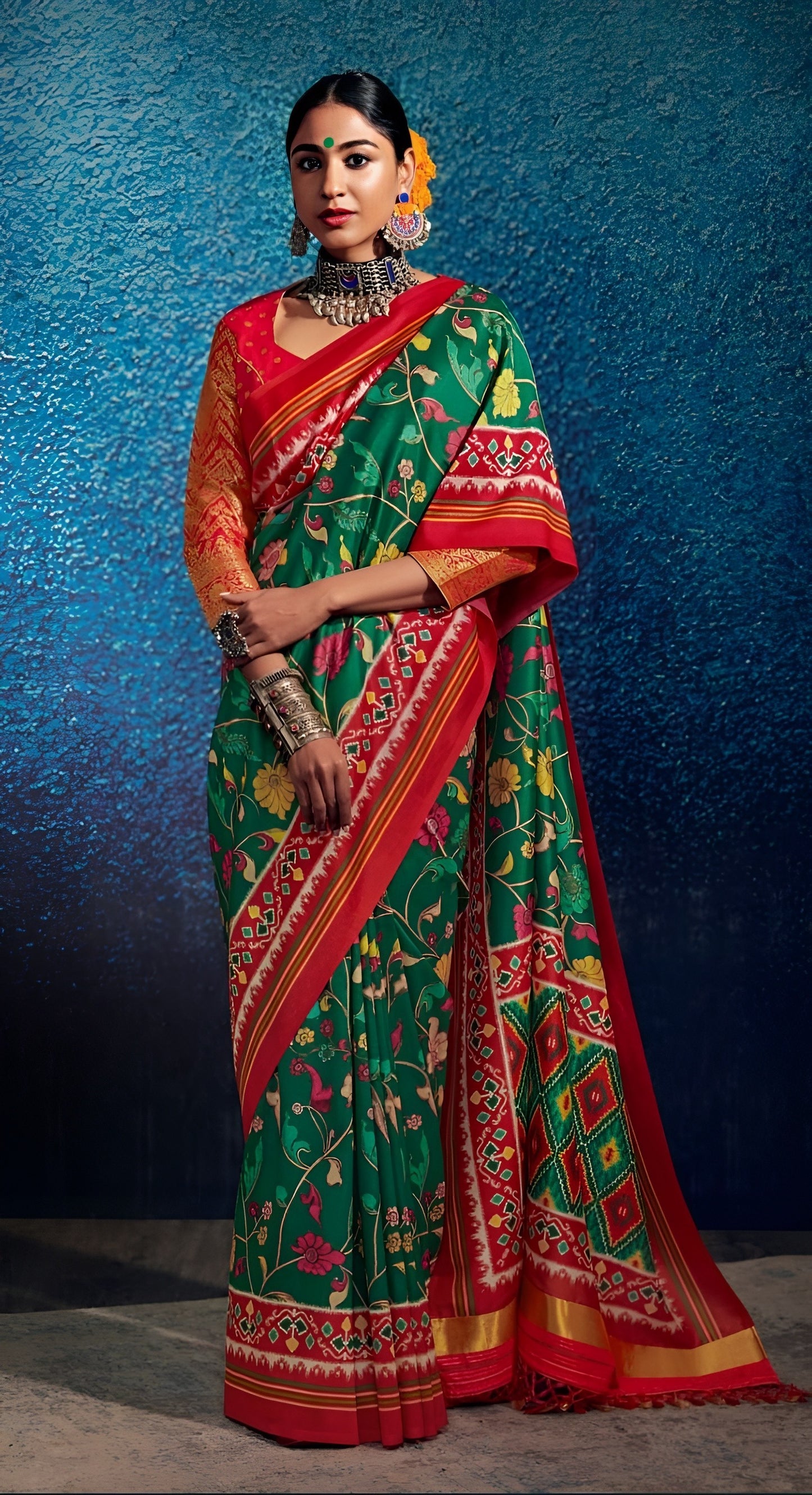 EKKTARA Saree For Women Green Colour Tusser Silk Kalamkari Print Saree With Unstitched Blouse