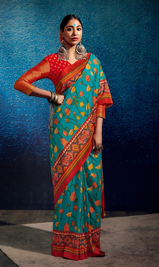 EKKTARA Saree For Women Turquoise Colour Tusser Silk Kalamkari Print Saree With Unstitched Blouse