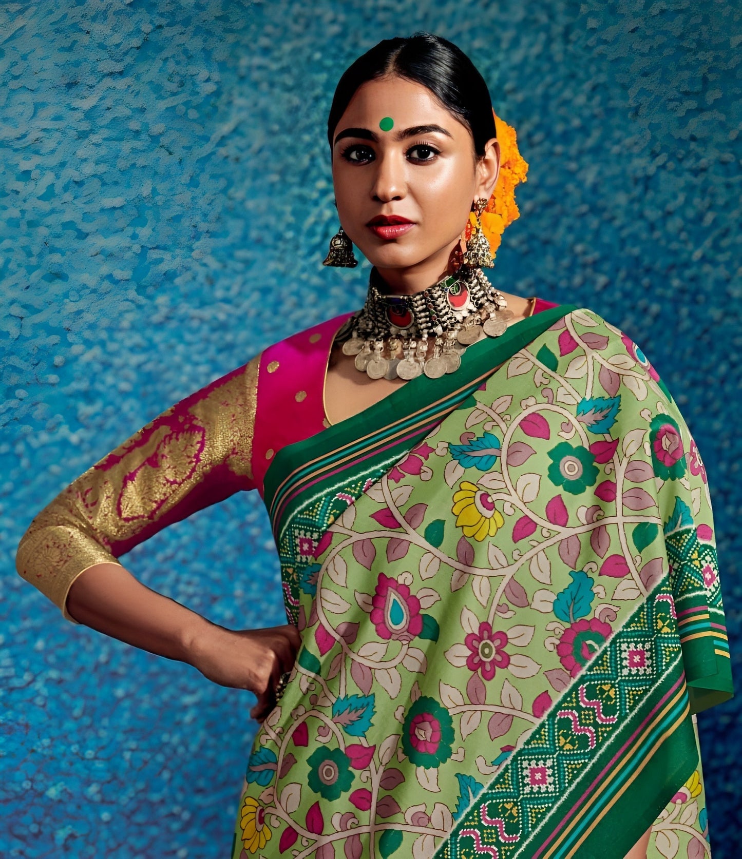 EKKTARA Saree For Women Pista Green Colour Tusser Silk Kalamkari Print Saree With Unstitched Blouse