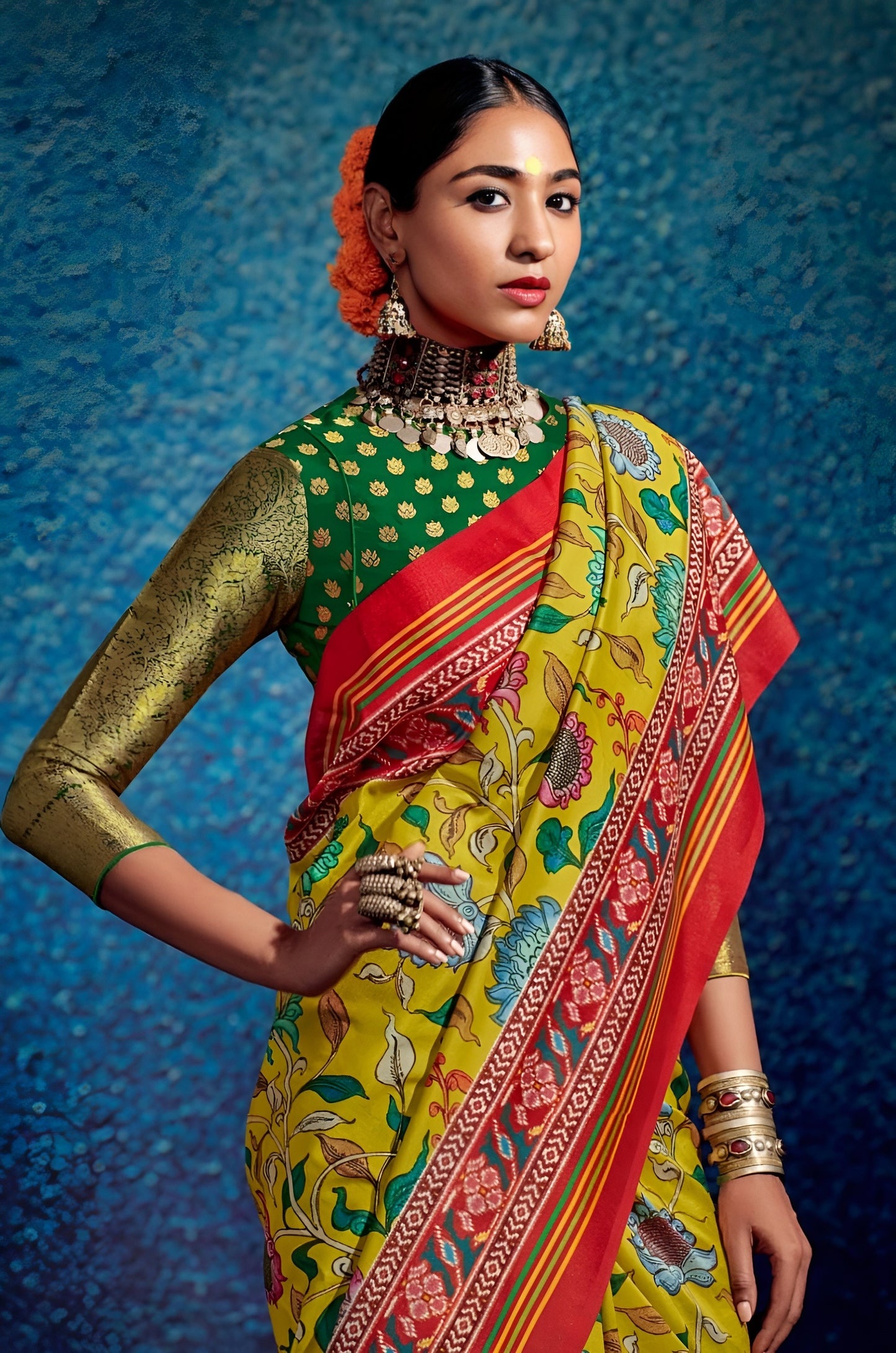 EKKTARA Saree For Women Yellow Colour Tusser Silk Kalamkari Print Saree With Unstitched Blouse