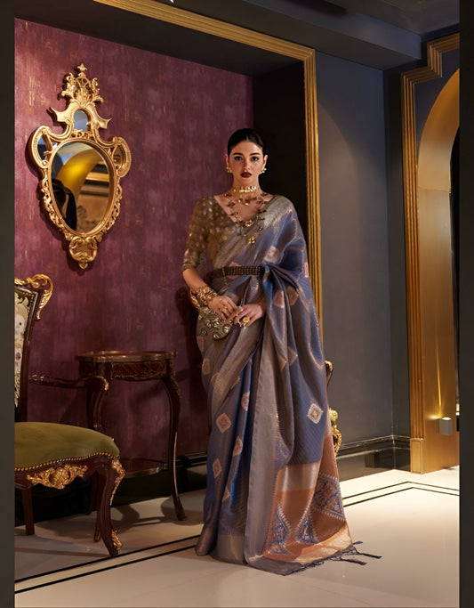 EKKTARA Saree For Women Blue Colour Zari Banarasi Handloom Weaving Silk Saree With Unstitched Blouse