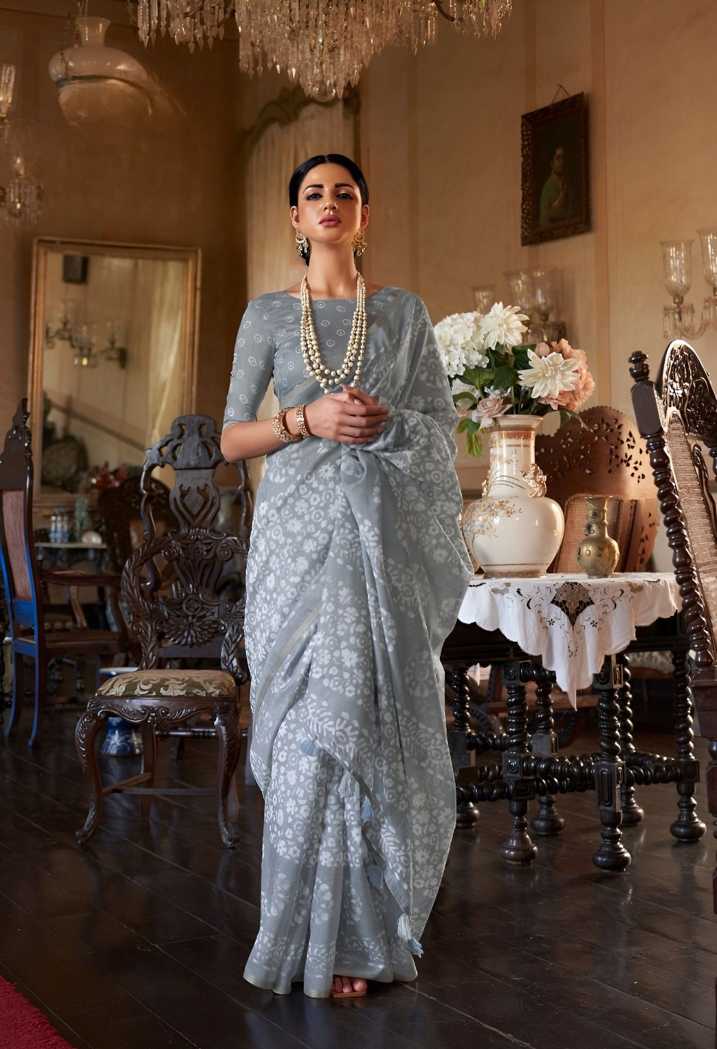 EKKTARA Saree For Women Grey Colour Soft Linen Cotton Saree With Unstitched Blouse