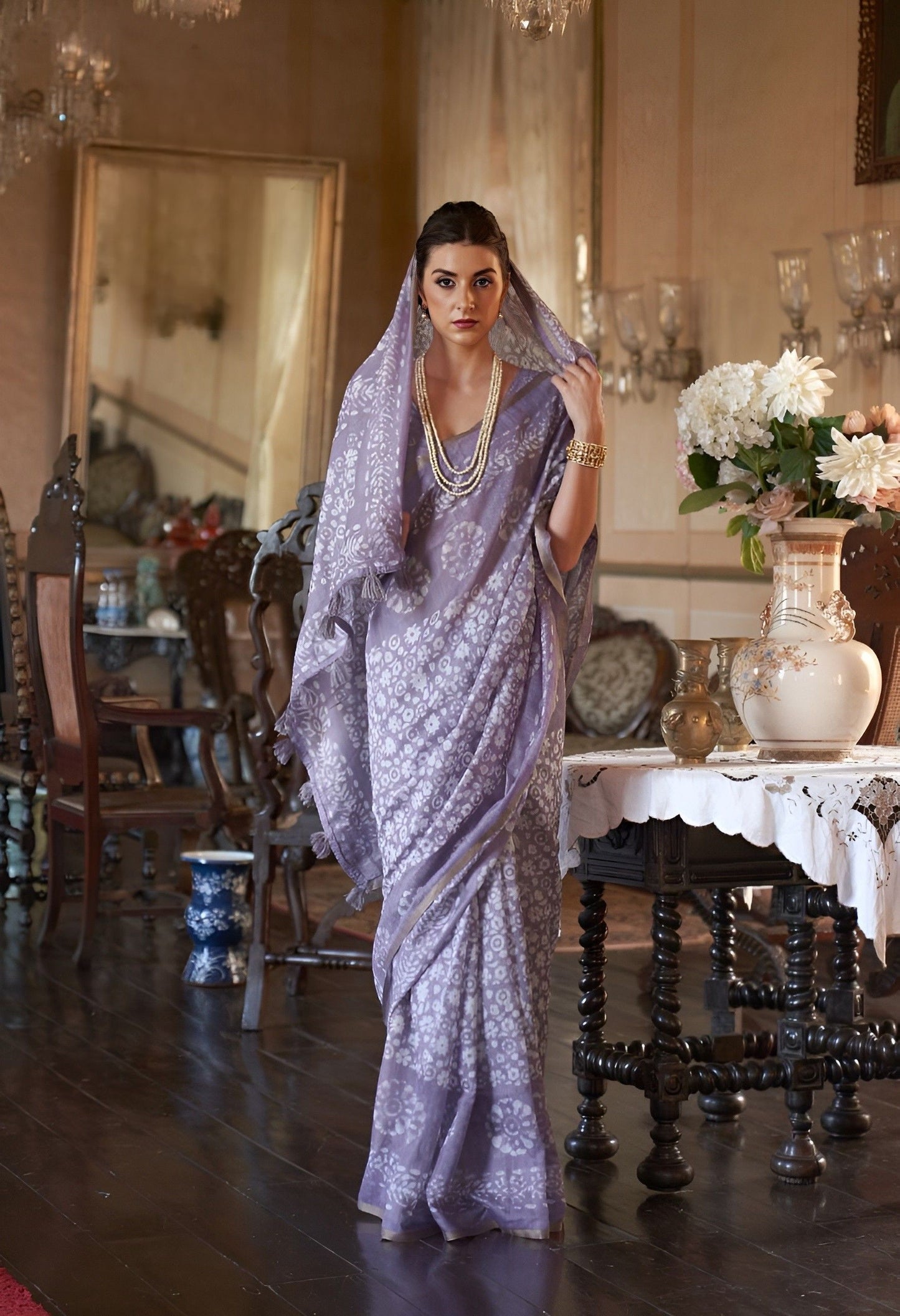 EKKTARA Saree For Women Light Purple Colour Soft Linen Cotton Saree With Unstitched Blouse