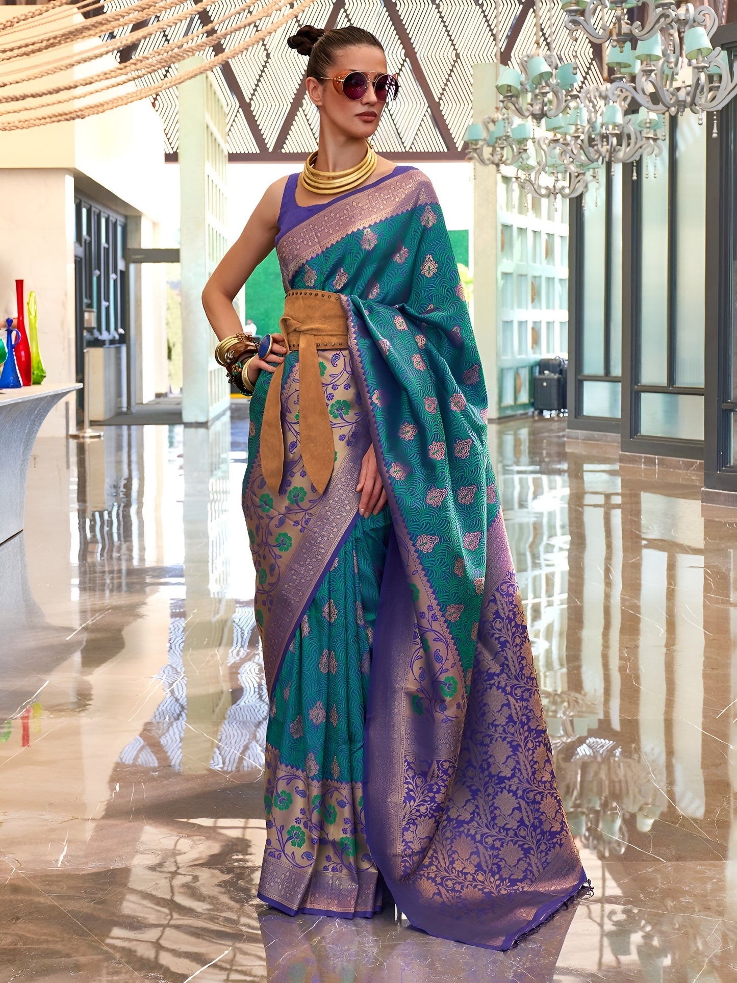 EKKTARA Saree For Women Turquoise Colour Silk Handloom Weaving Designer Saree With Unstitched Blouse