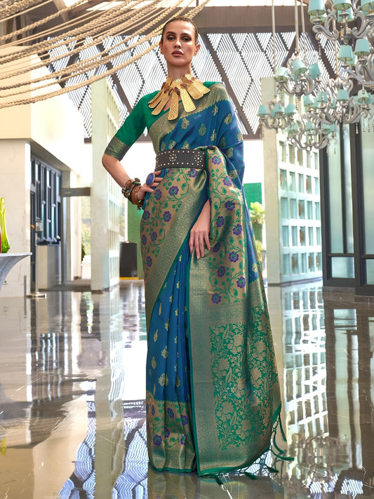 EKKTARA Saree For Women Blue Colour Silk Handloom Weaving Designer Saree With Unstitched Blouse