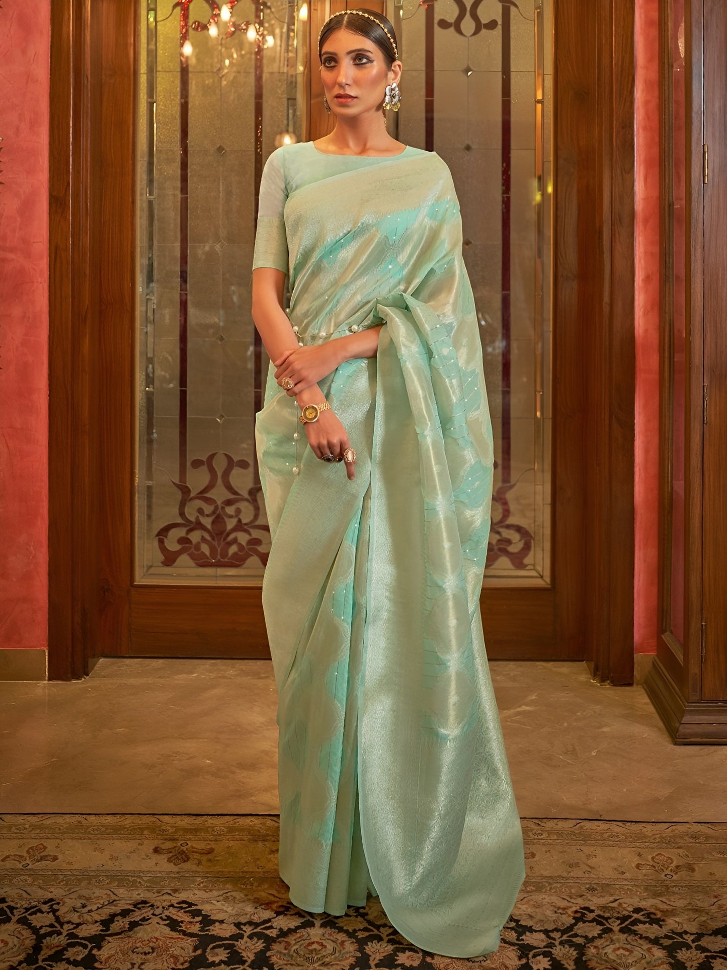 EKKTARA Saree For Women Mint Green Colour Silk Blend Handloom Weaving Saree With Unstitched Blouse