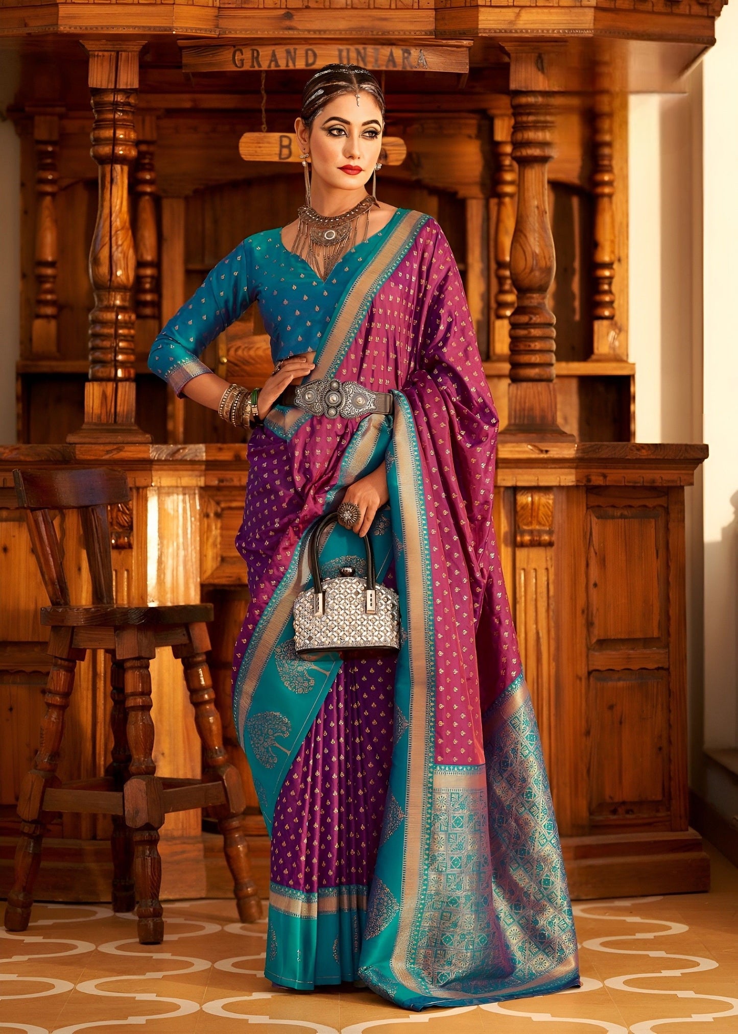 EKKTARA Saree For Women Purple Colour Banarasi Silk Saree With Unstitched Blouse