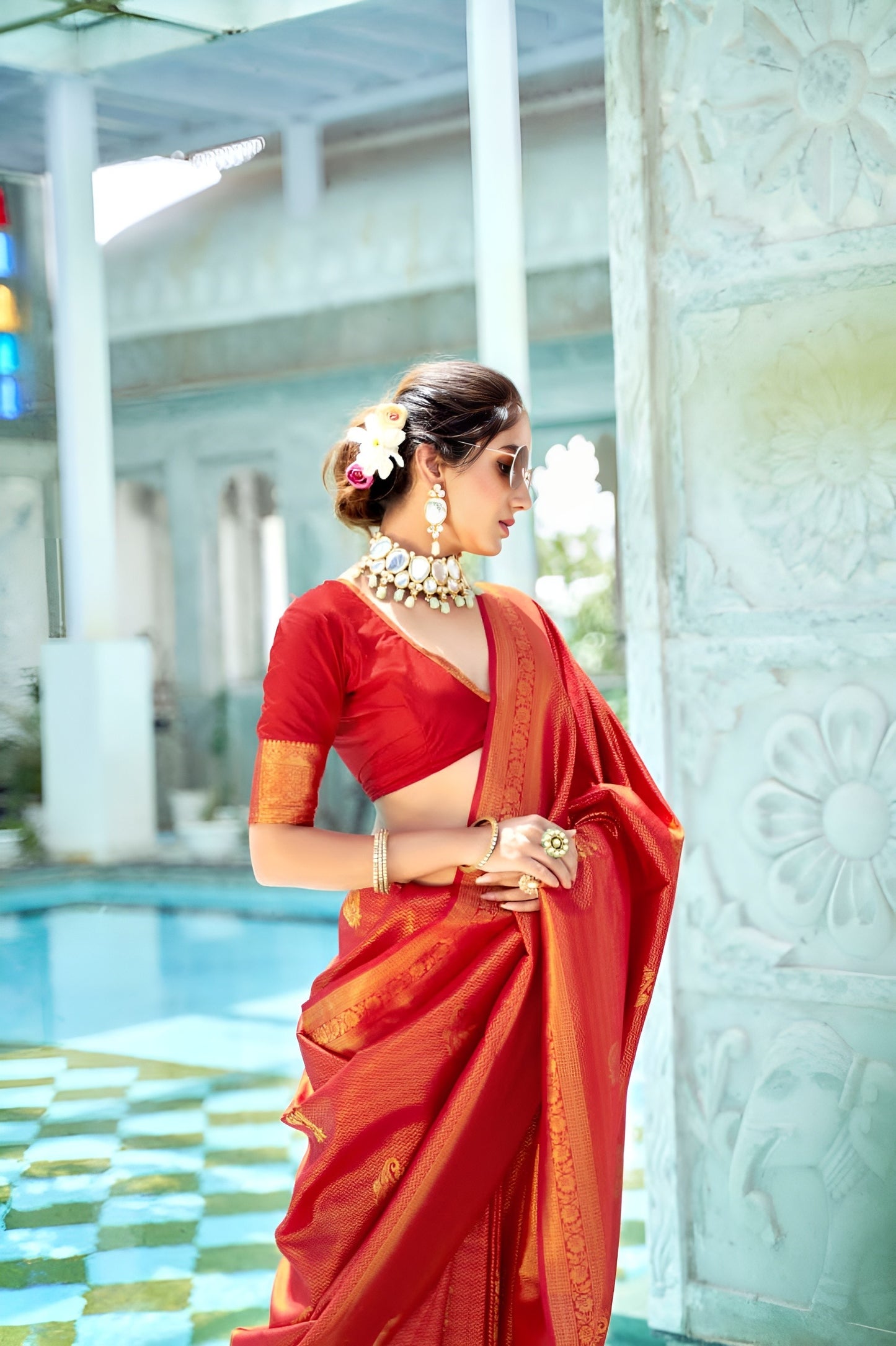 EKKTARA Saree For Women Red Colour Kanjivaram Silk Saree With Unstitched Blouse