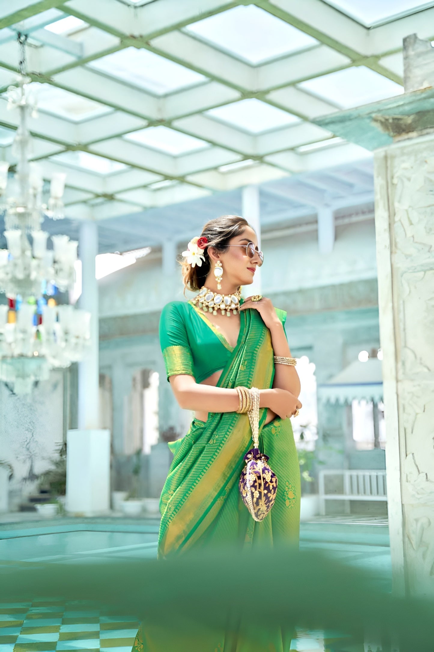 EKKTARA Saree For Women Green Colour Kanjivaram Silk Saree With Unstitched Blouse