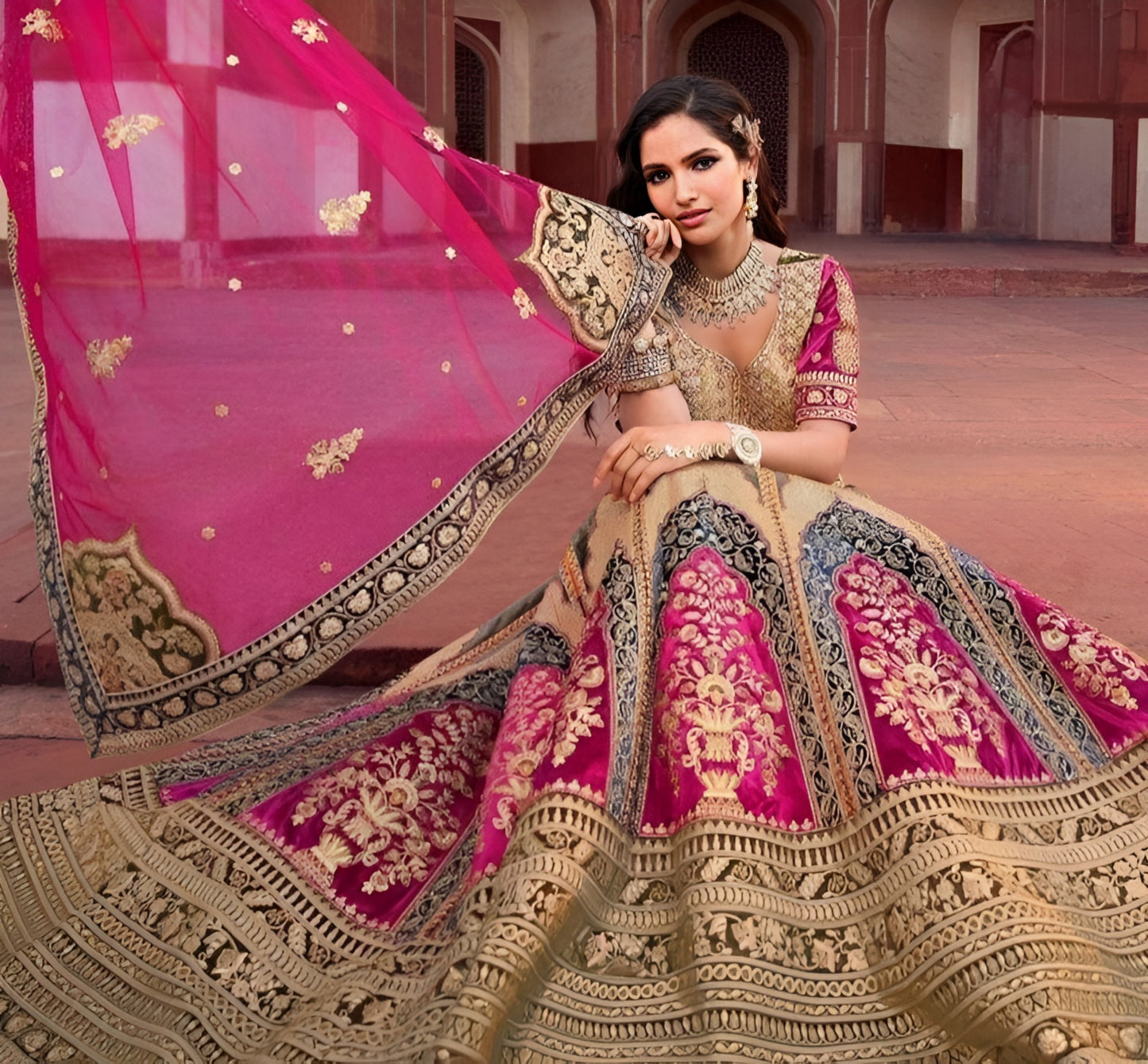 EKKTARA Semi Stitched Designer Cameo Pink Multicolour Colour Lehenga Choli Set