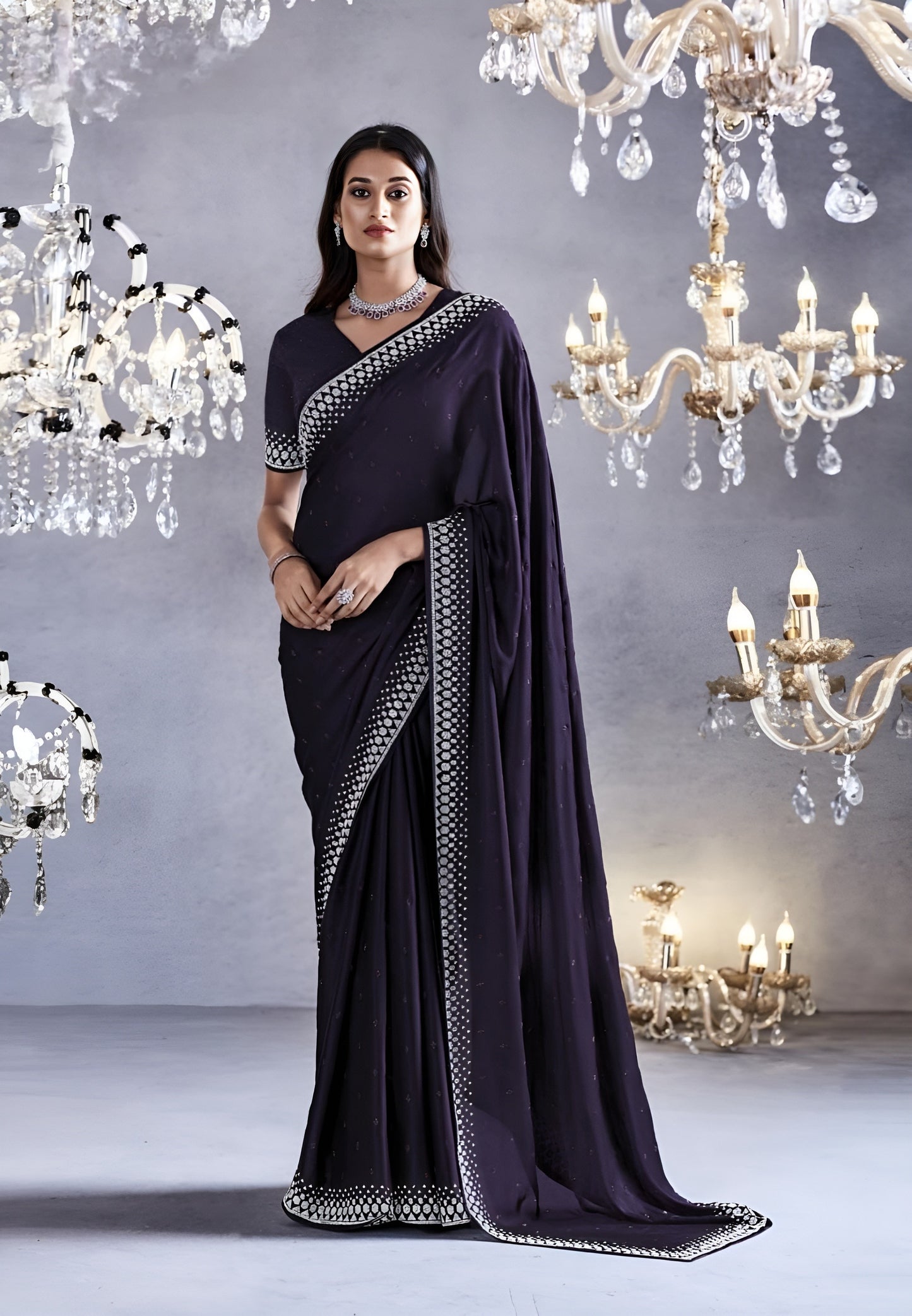 EKKTARA Saree For Women Navy Blue Colour Partywear Satin Silk Zarkan Work Saree With Unstitched Blouse