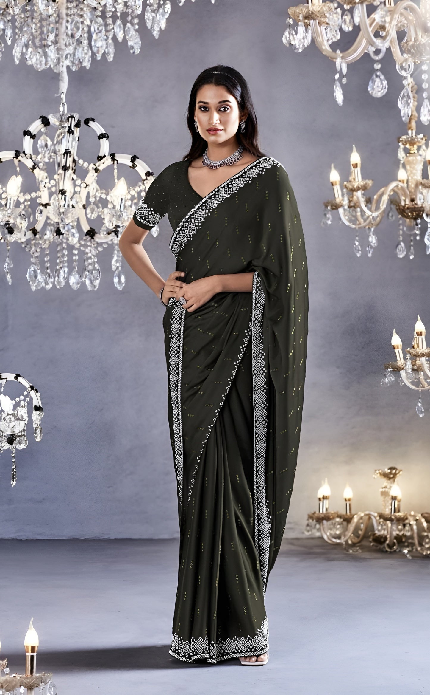 EKKTARA Saree For Women Olive Colour Partywear Satin Silk Zarkan Work Saree With Unstitched Blouse