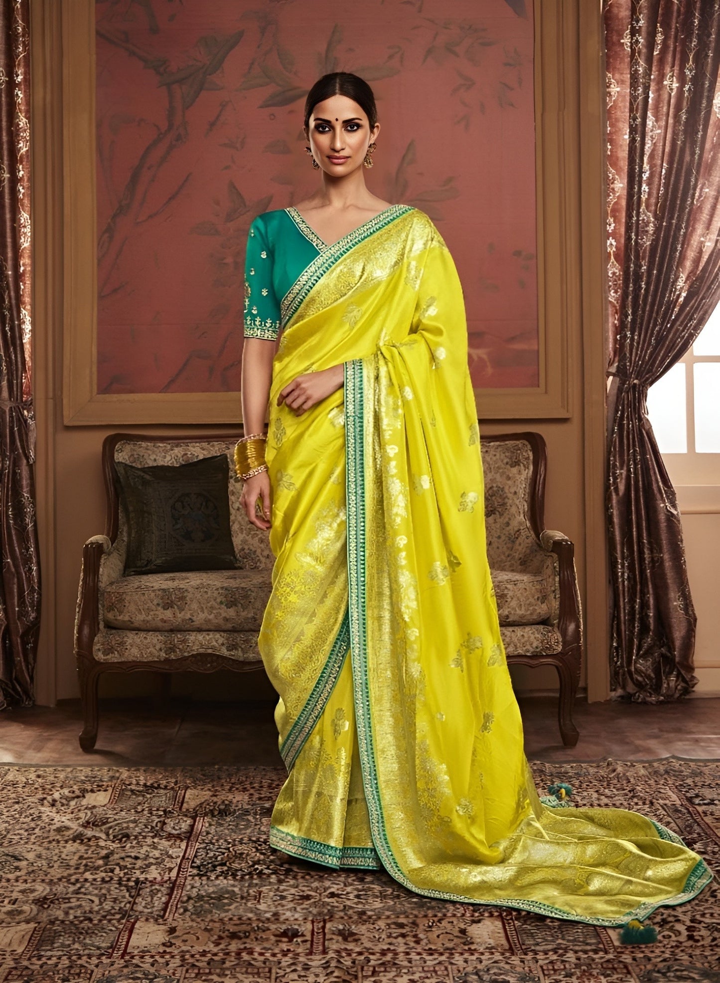 EKKTARA Saree For Women Lime Yellow Colour Dola Silk Saree With Embroidery Work Unstitched Blouse