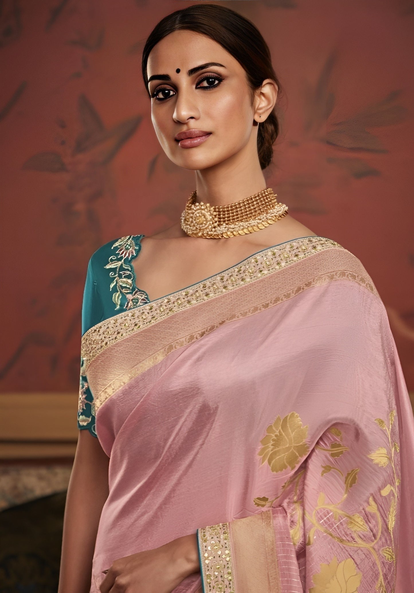 EKKTARA Saree For Women Nude Pink Colour Dola Silk Saree With Embroidery Work Unstitched Blouse