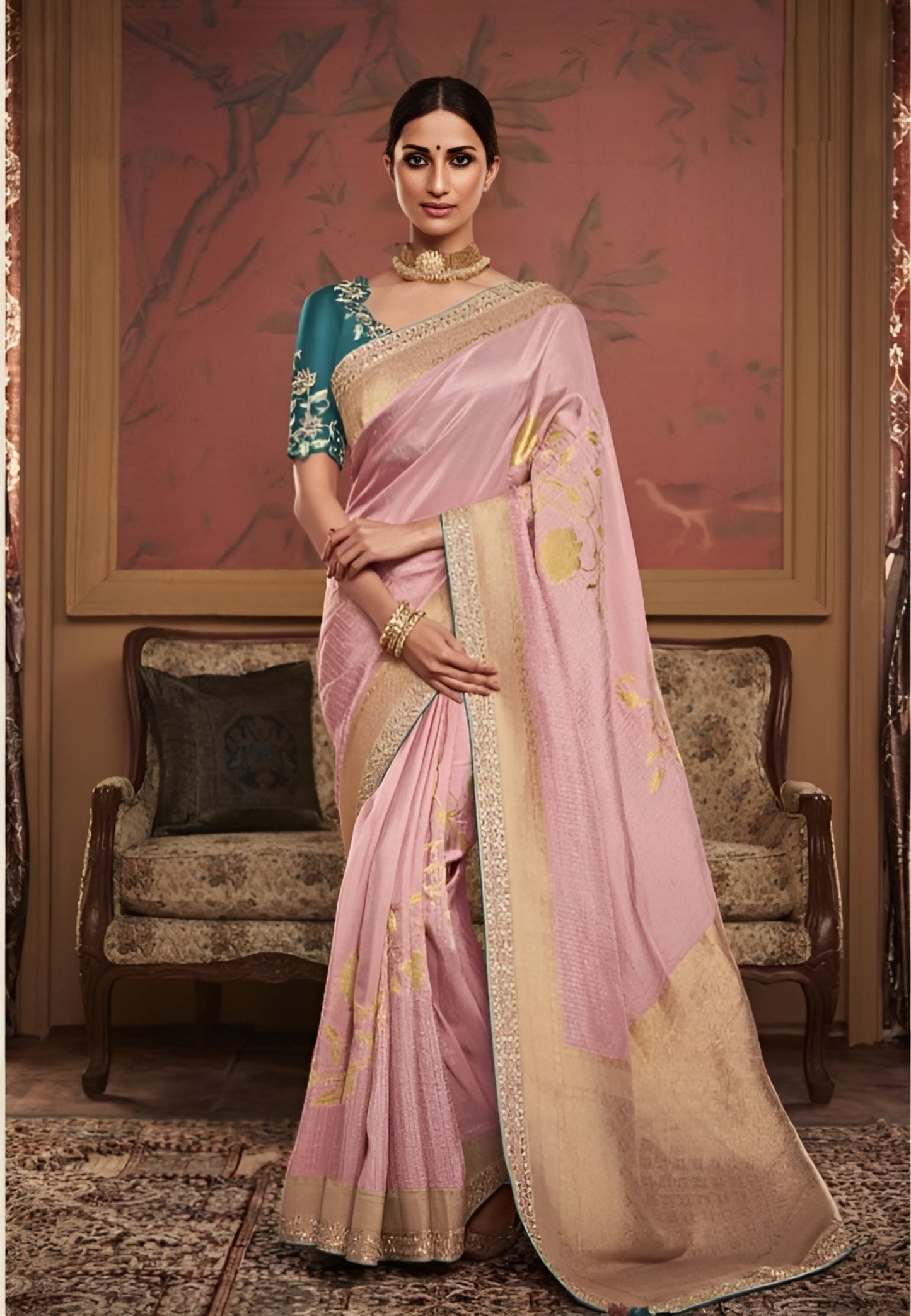 EKKTARA Saree For Women Nude Pink Colour Dola Silk Saree With Embroidery Work Unstitched Blouse