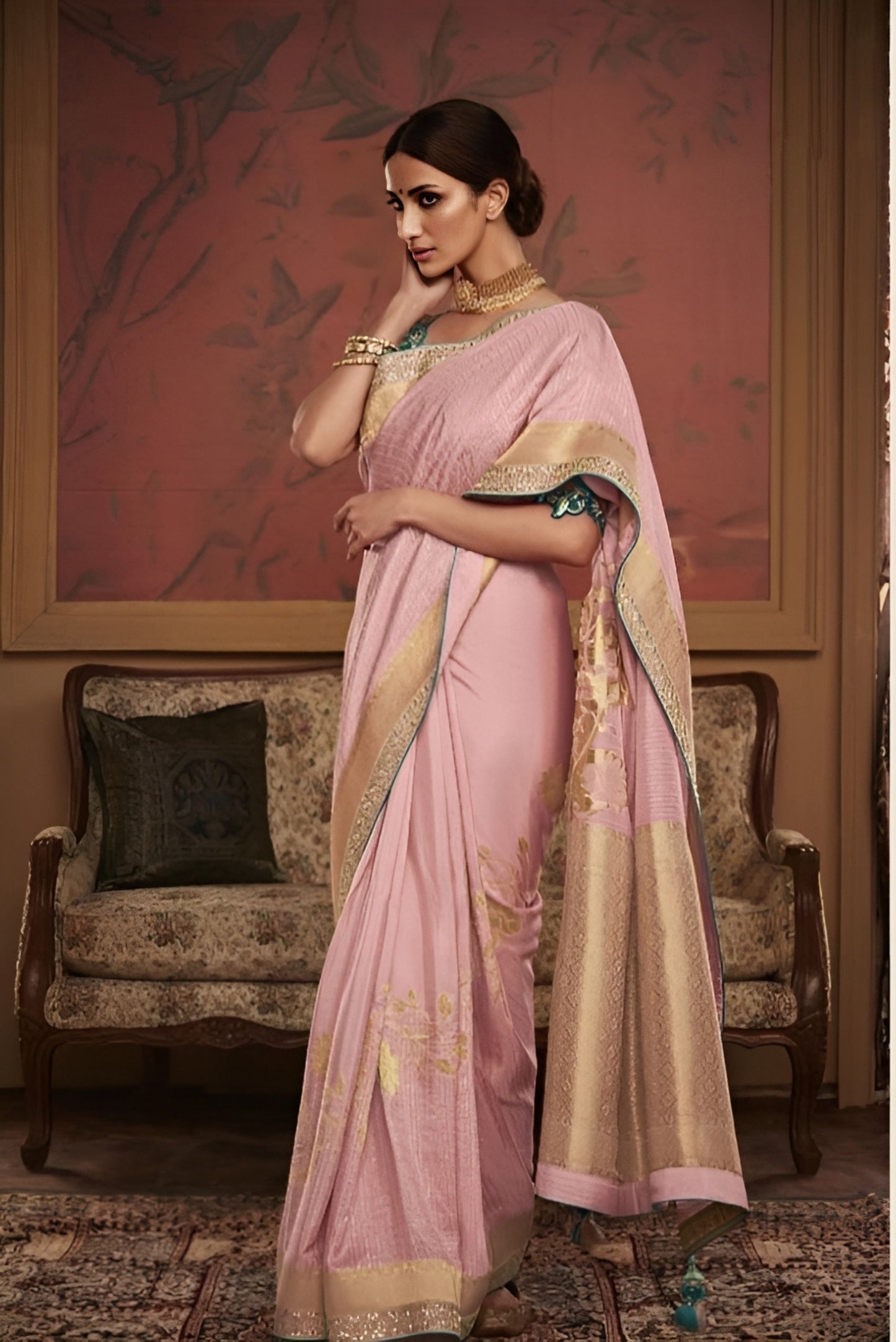 EKKTARA Saree For Women Nude Pink Colour Dola Silk Saree With Embroidery Work Unstitched Blouse