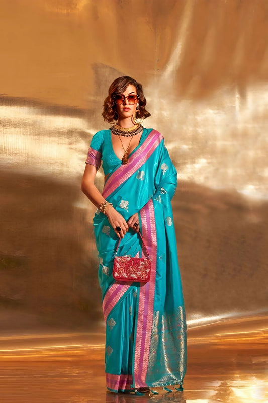 EKKTARA Saree For Women Turquoise Colour Pure Silk Chaap Border Design Handloom Weaving Saree With Unstitched Blouse